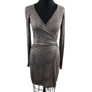 Three Dots Brown Spotted Animal Print Viscose Faux Wrap Dress Bodycon Pullover S